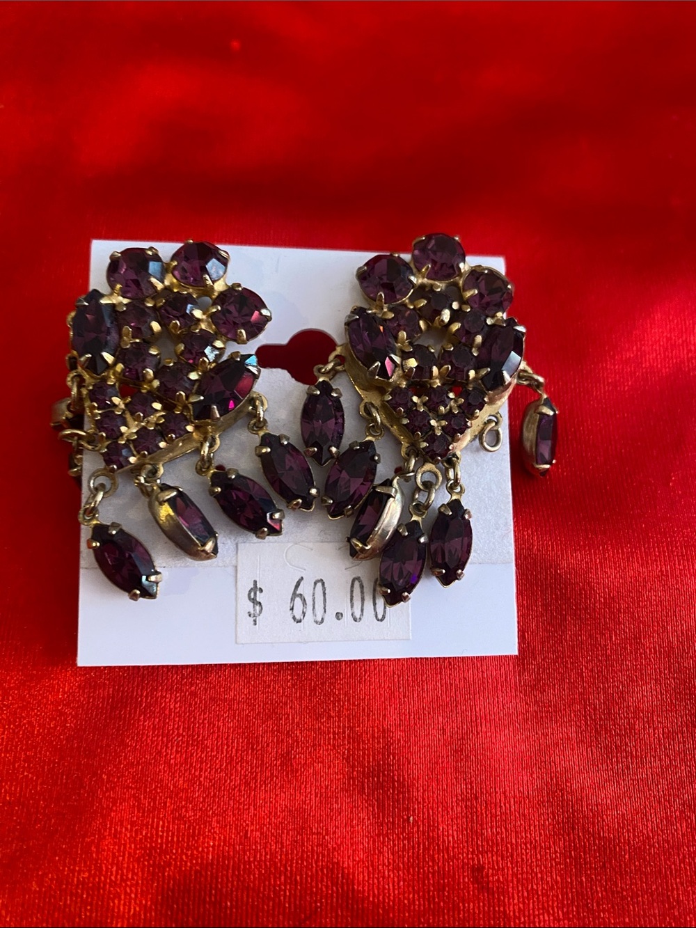 Gold Vintage -Tone Amethyst Crystal Chandelier Earrings - Purple